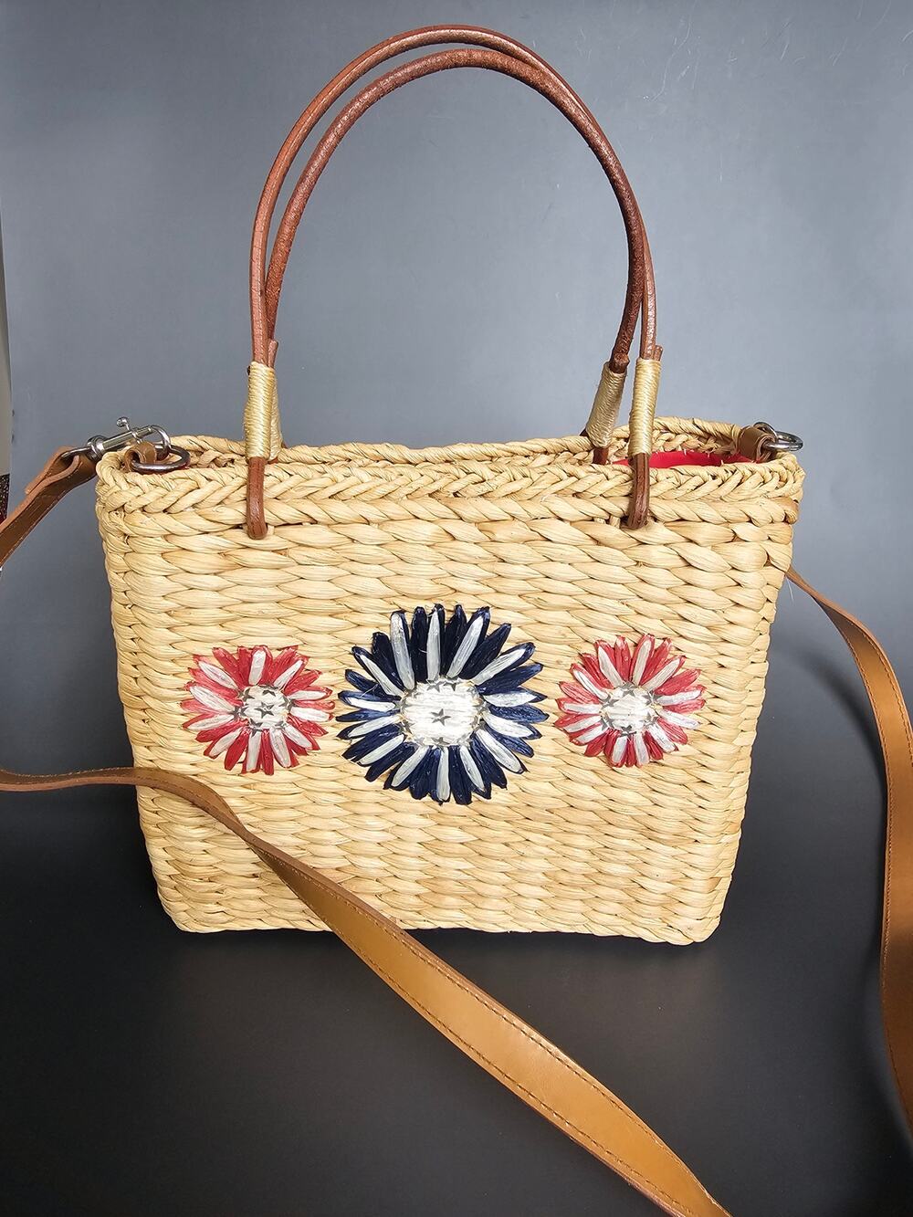 Vtg Y2K Straw Woven Tote Bag Americana Floral Rhinestone Crossbody Strap 90s